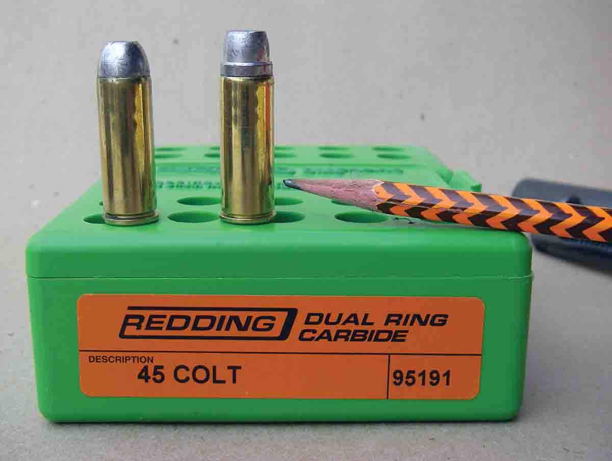 A Redding Dual Ring Carbide sizing die was used to develop handload data. The larger diameter ring that sizes the lower half of the case provides longer case life and eliminates the typical swaged bulge just ahead of the solid head.